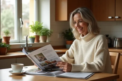 Femme feuilletant des magazines maison et décoration à sa table de cuisine avec une liste d'abonnements et bons plans