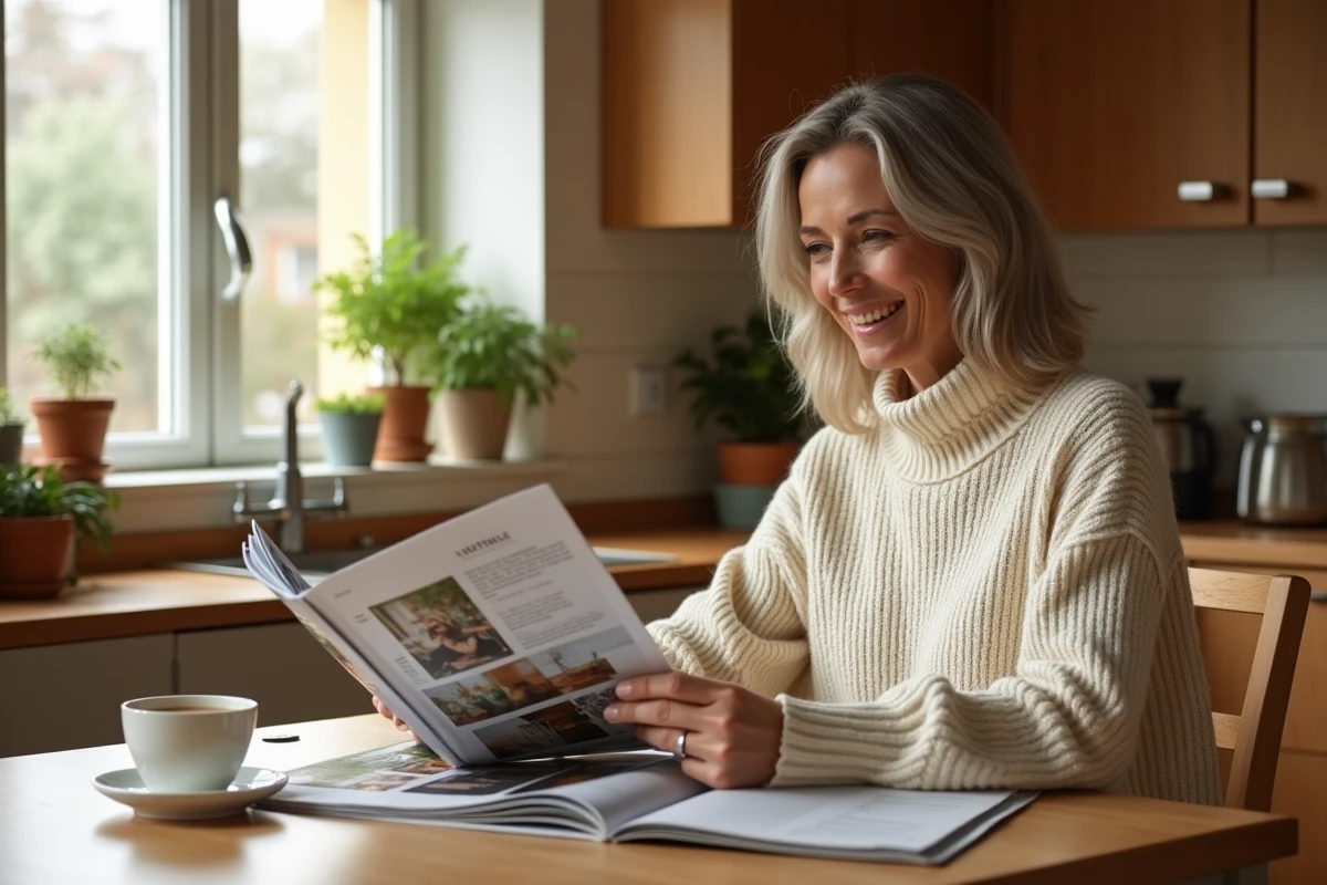 Femme feuilletant des magazines maison et décoration à sa table de cuisine avec une liste d'abonnements et bons plans