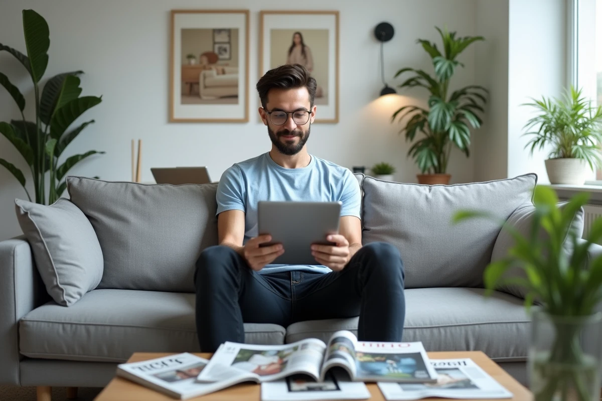 Homme consultant un site d'abonnement magazine maison sur tablette dans un salon moderne avec magazines éparpillés sur la table basse