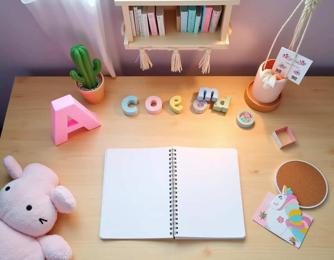 Vue en plongée d'accessoires personnalisés pour chambre d'enfant disposés sur un bureau en bois, collection Centrakor