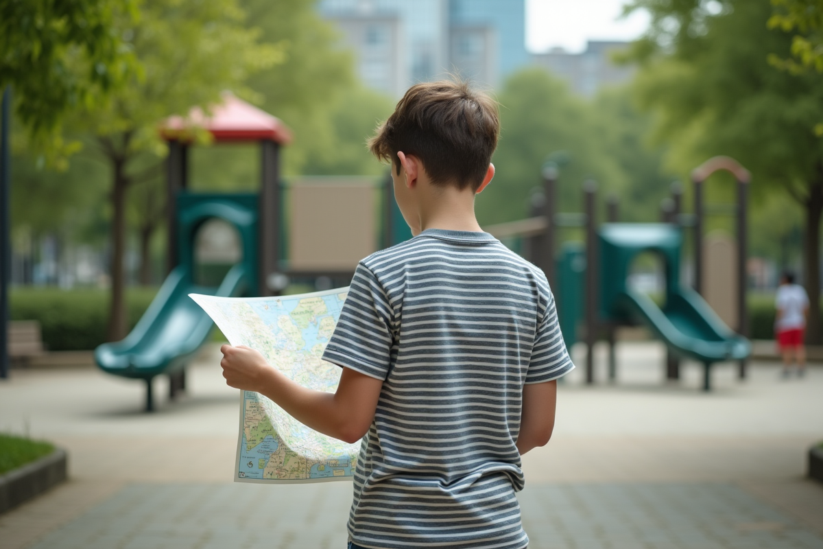 Adolescent étudiant une carte dans un parc urbain