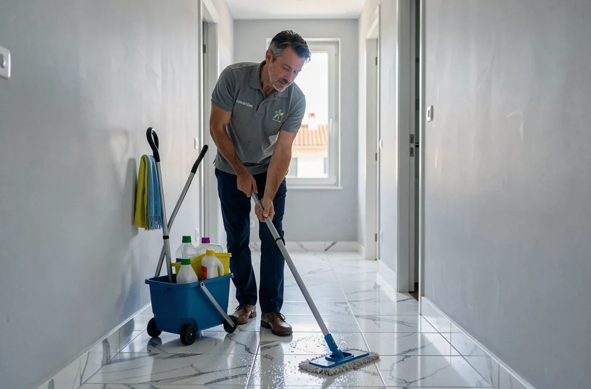 Agent d'entretien professionnel nettoyant le couloir d'un appartement moderne à Béziers