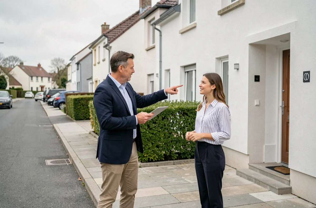 Agent immobilier présentant une maison Mikit en zone périurbaine à une cliente dans un quartier résidentiel français