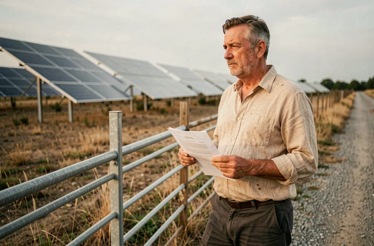 Agriculteur français tenant un contrat de bail emphytéotique devant son terrain loué pour l'installation de panneaux solaires