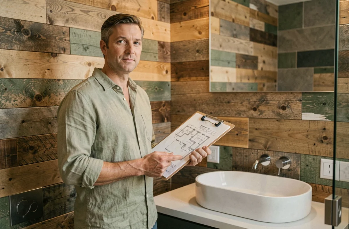 Consultant d'Alter Ec'Home présentant une salle de bain éco-rénovée avec bois recyclé et robinetterie économique
