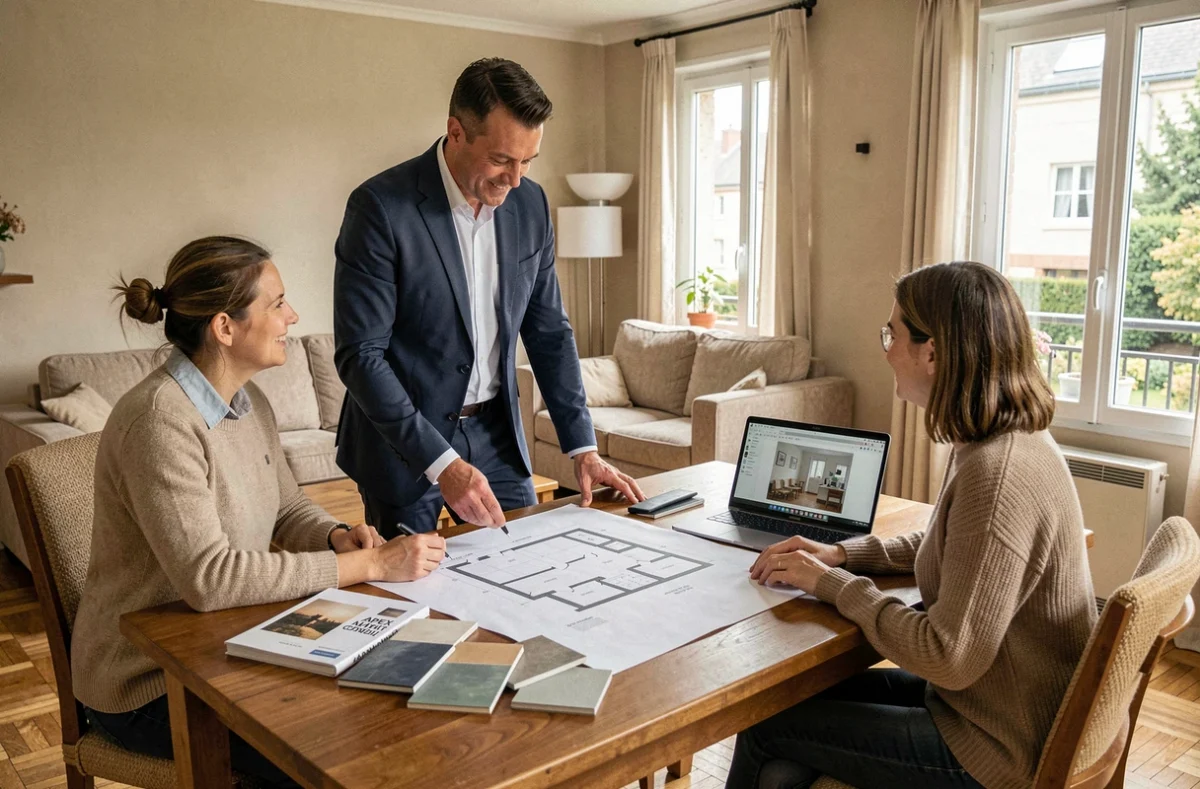 Consultant d'Apex Habitat Conseil présentant des plans de rénovation et échantillons de matériaux à un couple de clients dans leur appartement