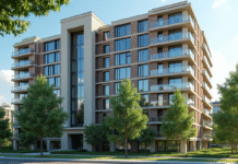 Appartement moderne en ville avec grandes fenêtres et balcons