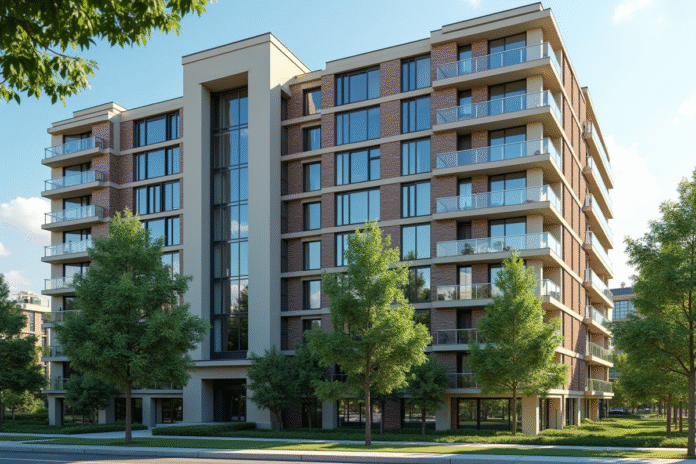 Appartement moderne en ville avec grandes fenêtres et balcons
