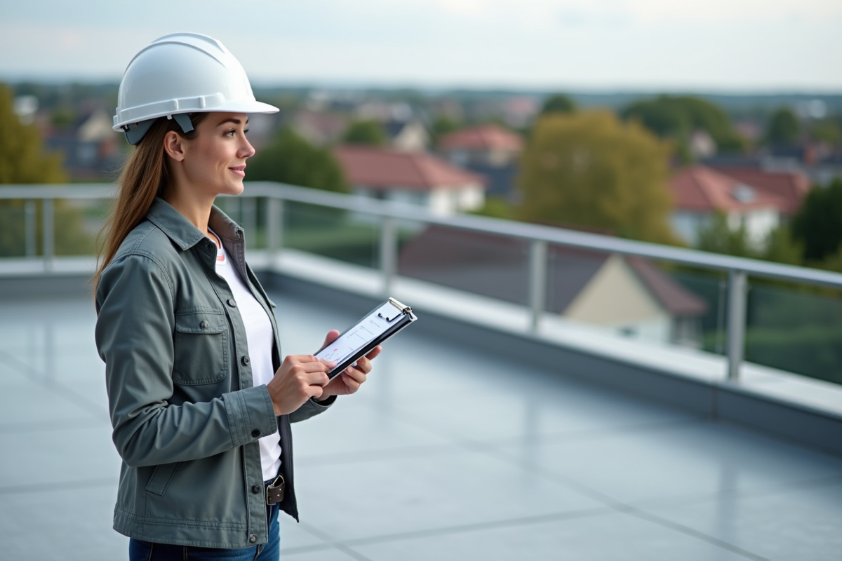 Architecte femme inspectant un toit terrasse fini