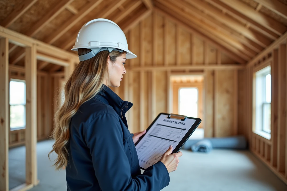 Architecte féminine consultant un devis de charpente et toiture pour une maison neuve de 100m2