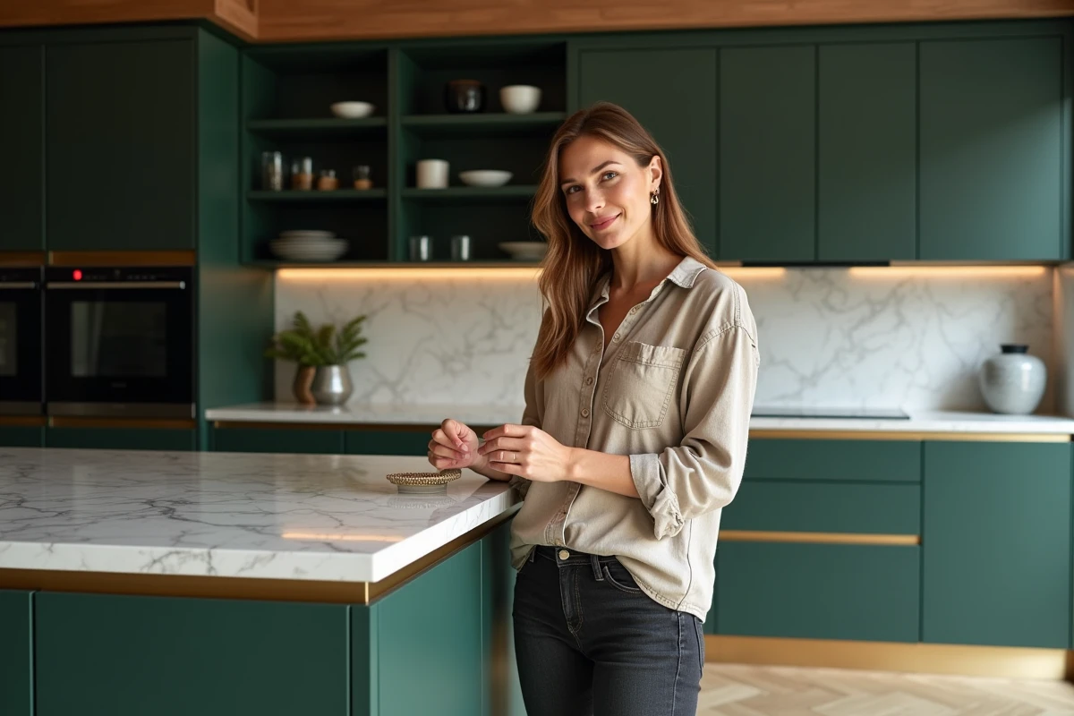 Architecte intérieure inspectant les détails d'une cuisine de luxe avec façades laquées vertes et plan de travail en marbre Calacatta