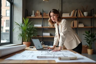 Architecte intérieure haut de gamme travaillant sur des plans dans un studio contemporain avec matériaux naturels et béton brut