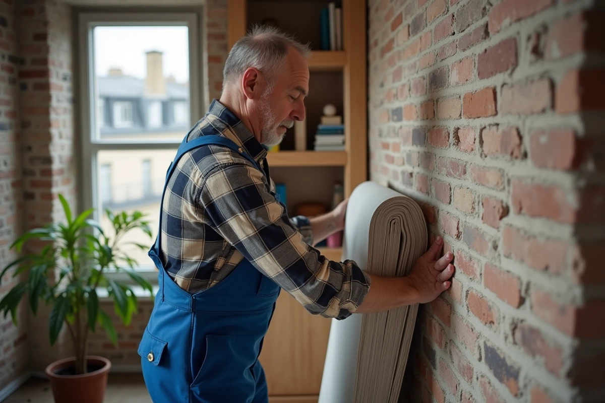 Artisan en overalls pressant l'isolant contre un mur en briques