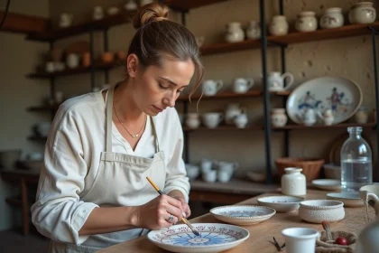 Artisane peignant à la main des motifs bretons traditionnels sur une faïence Henriot Quimper dans un atelier en pierre