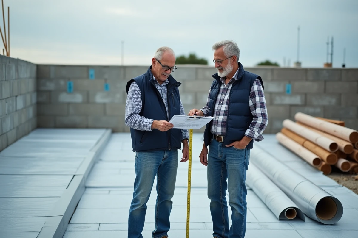 Deux artisans mesurant un matériau en mètres linéaires sur un chantier de construction pour estimer le coût au mètre carré