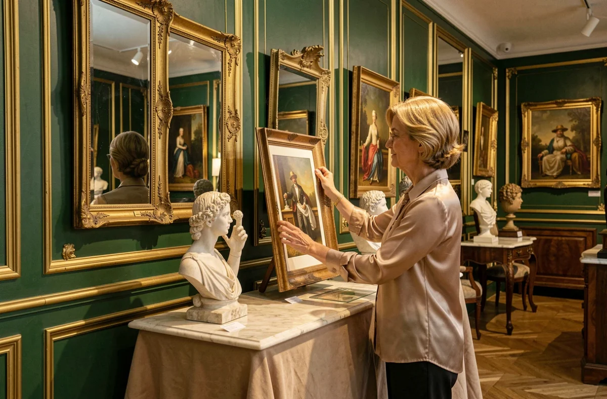 Décoratrice d'Arts et Décors ajustant un tableau encadré dans un showroom classique avec boiseries vertes et miroirs anciens
