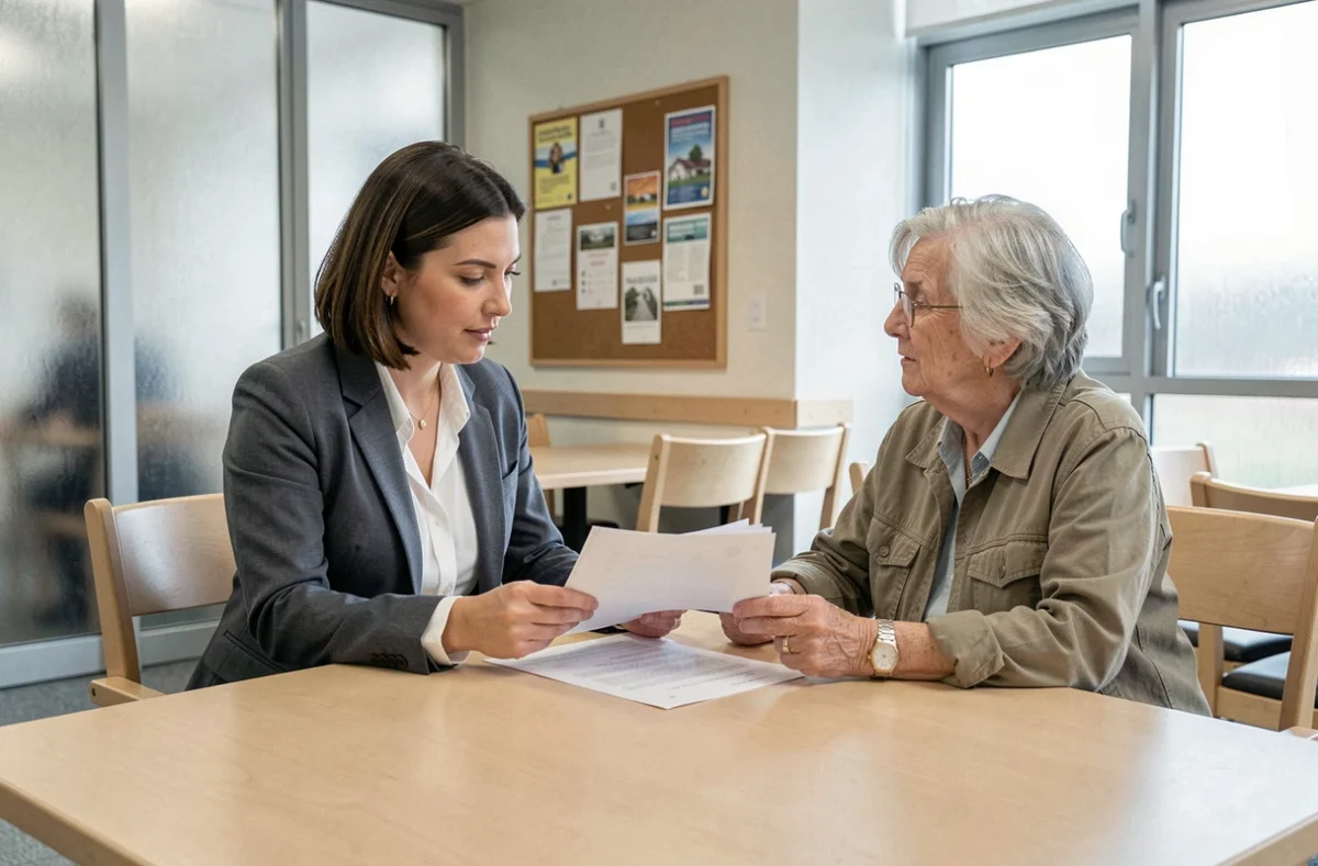 Assistante sociale et personne âgée examinant ensemble un dossier de demande d'aide ménagère