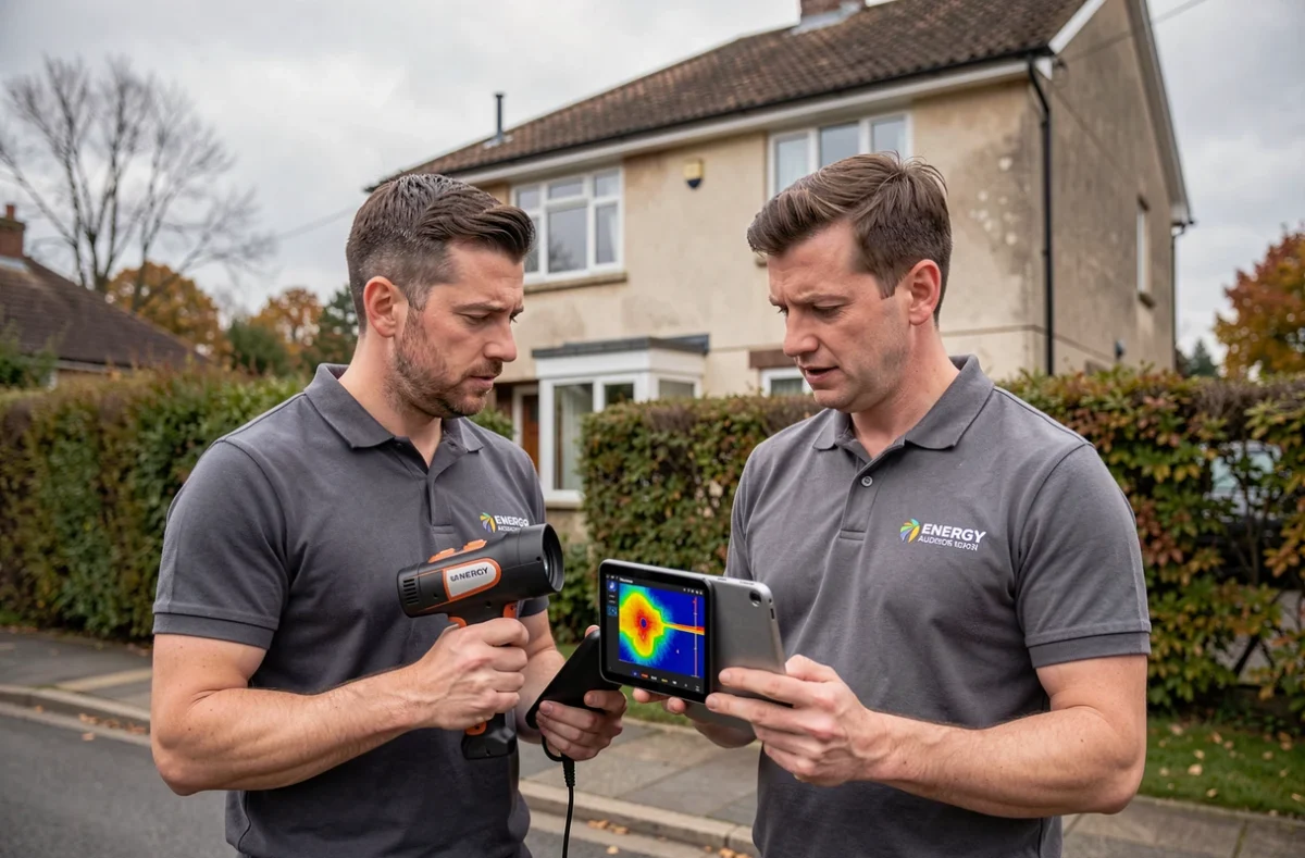 Auditeurs énergétiques analysant une thermographie infrarouge de façade pour évaluer les performances d'isolation d'une maison