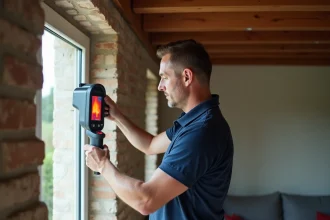 Auditeur énergétique inspectant l'isolation d'une fenêtre avec une caméra thermique dans une maison individuelle