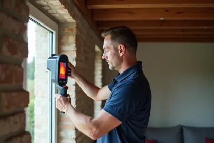 Auditeur énergétique inspectant l'isolation d'une fenêtre avec une caméra thermique dans une maison individuelle