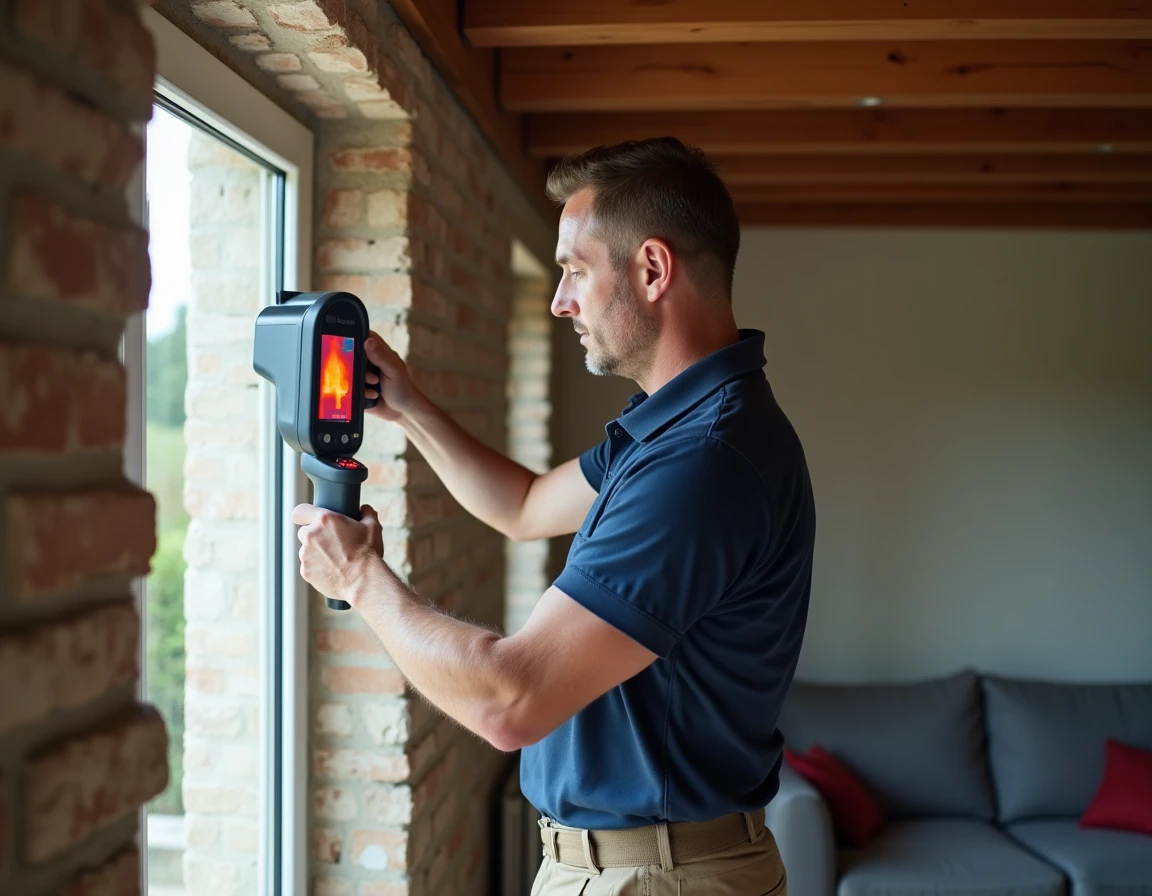 Auditeur énergétique inspectant l'isolation d'une fenêtre avec une caméra thermique dans une maison individuelle