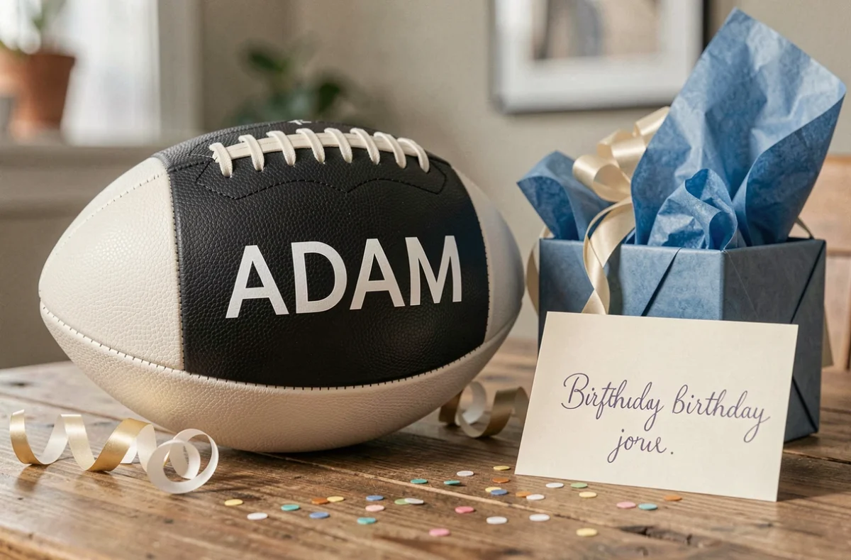Ballon de football personnalisé avec le prénom Adam présenté en cadeau d'anniversaire avec boîte emballée et carte manuscrite sur table en bois