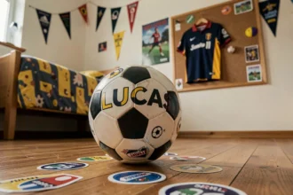 Ballon de football personnalisé avec le prénom Lucas posé sur le sol d'une chambre d'enfant décorée de pennants et d'autocollants de sport