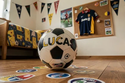 Ballon de football personnalisé avec le prénom Lucas posé sur le sol d'une chambre d'enfant décorée de pennants et d'autocollants de sport