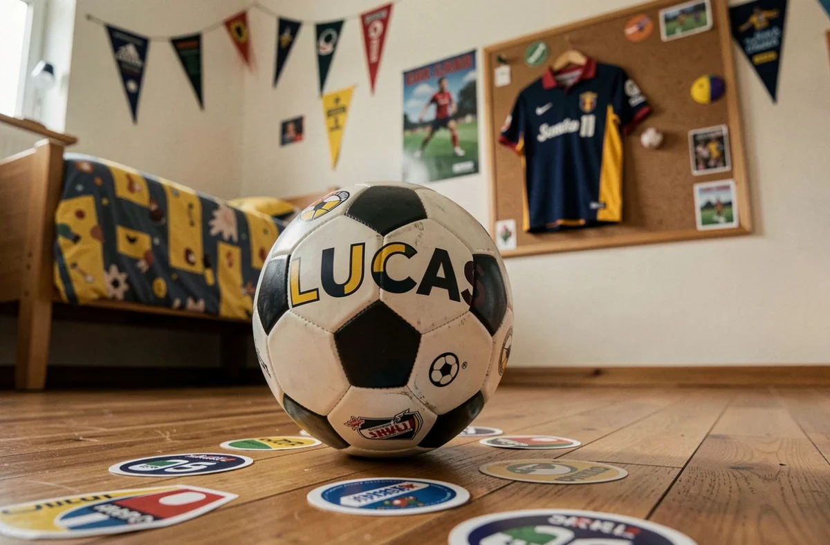 Ballon de football personnalisé avec le prénom Lucas posé sur le sol d'une chambre d'enfant décorée de pennants et d'autocollants de sport