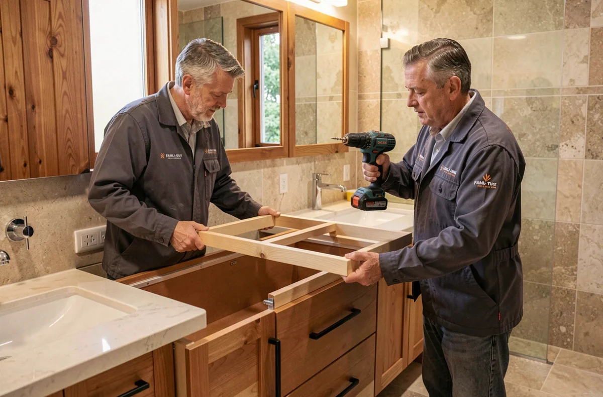 Deux artisans de Bedos Et Fils Sarl installant un meuble vasque double dans une salle de bain aux accents bois
