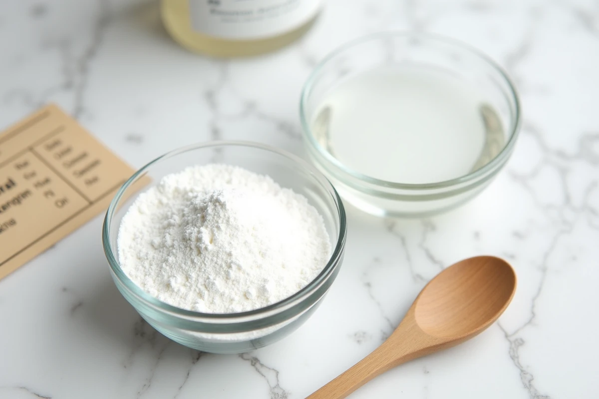 Bicarbonate de soude et vinaigre blanc dans des bols en verre sur un plan de travail en marbre pour déboucher les canalisations naturellement