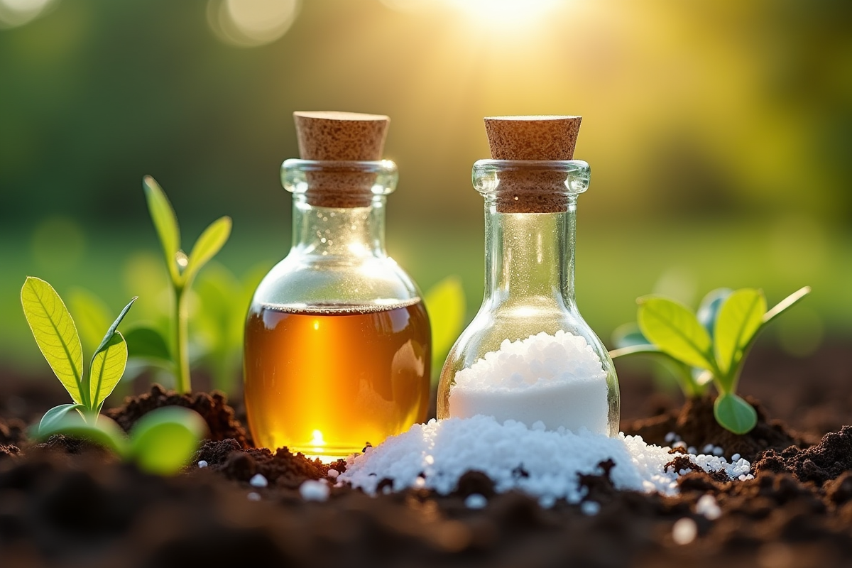 Bouteilles de vinaigre et sel sur sol de jardin avec jeunes pousses
