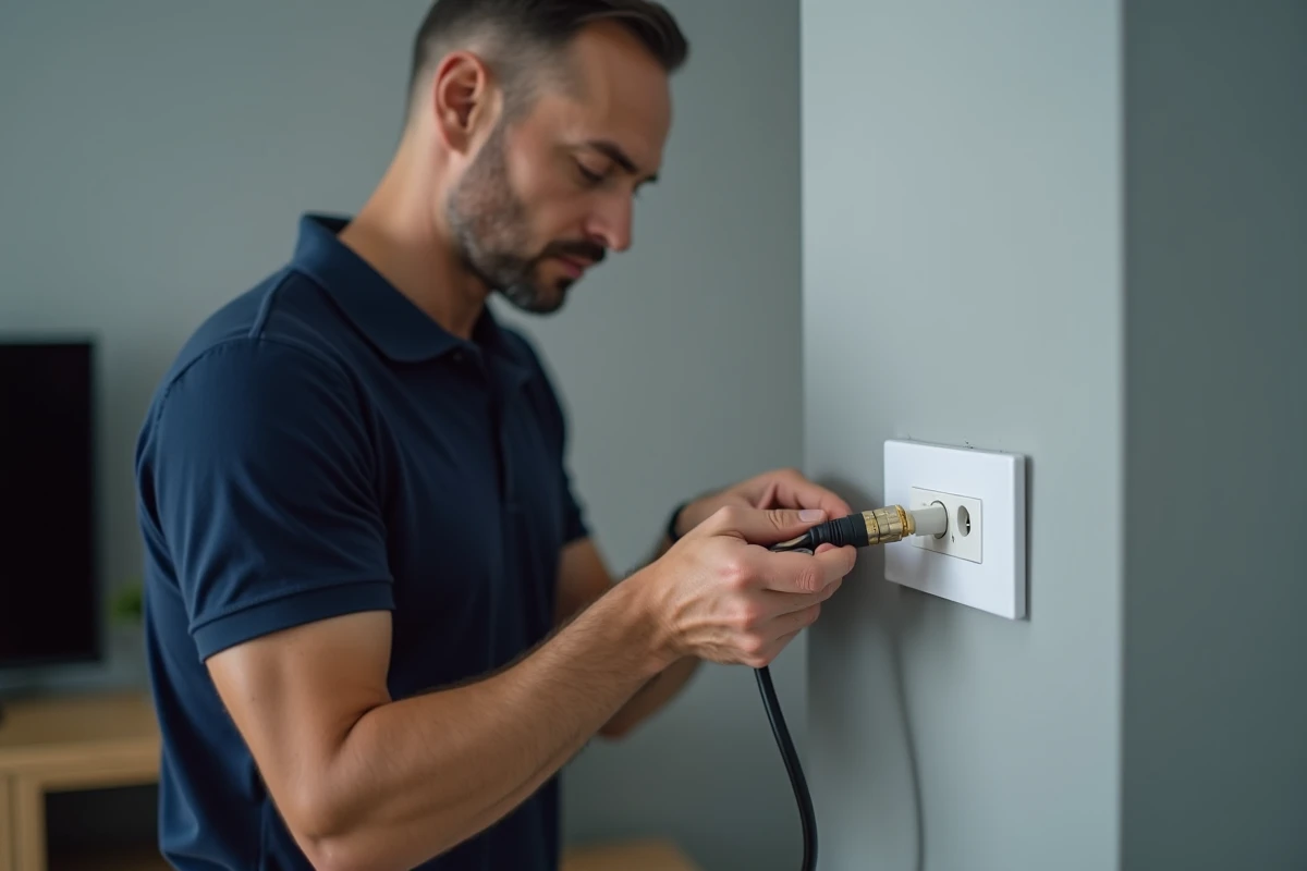 Technicien branchant un câble coaxial sur une prise murale TV dans un salon moderne