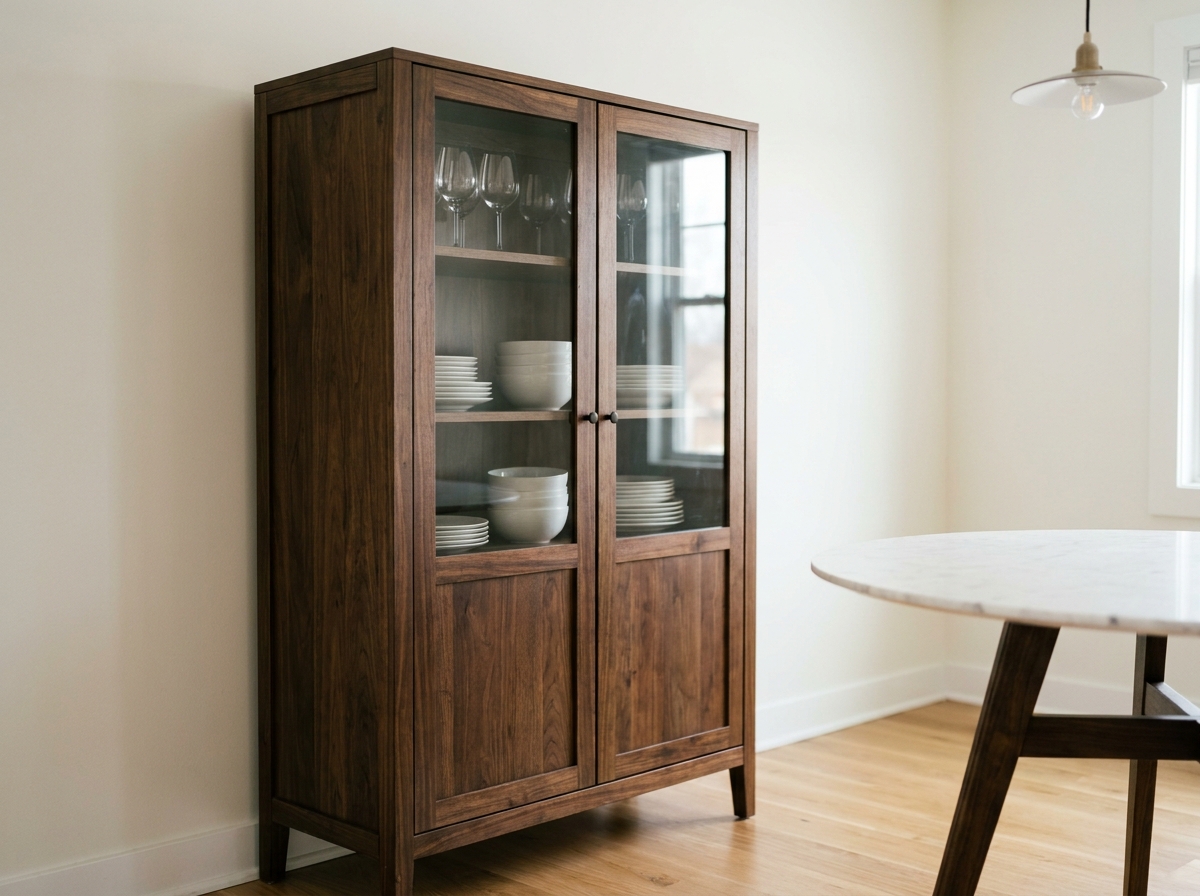 Buffet en noyer avec portes vitrées dans une salle à manger classique contemporaine