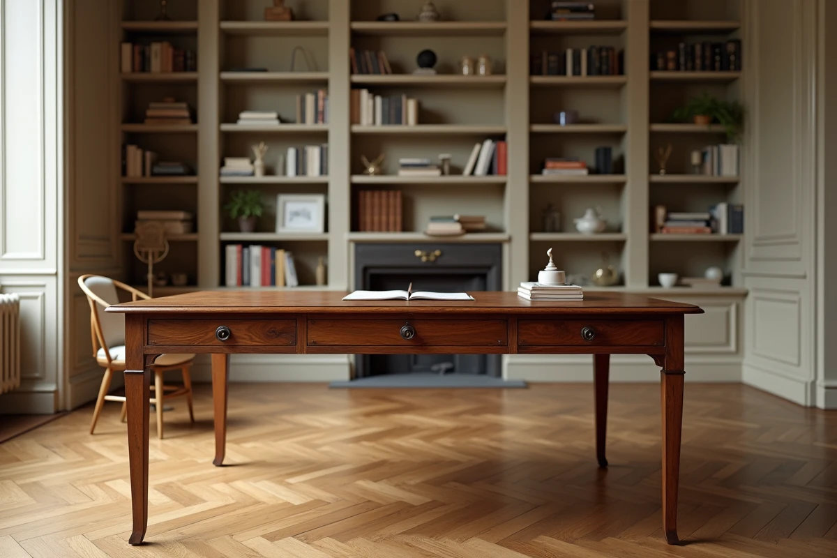 Bureau en noyer vintage restauré dans un appartement parisien avec parquet en point de Hongrie