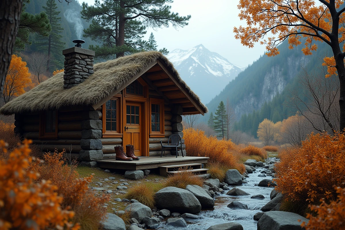 Cabane en bois isolée en Patagonie entourée de hêtres aux couleurs automnales avec de la fumée s'échappant de la cheminée