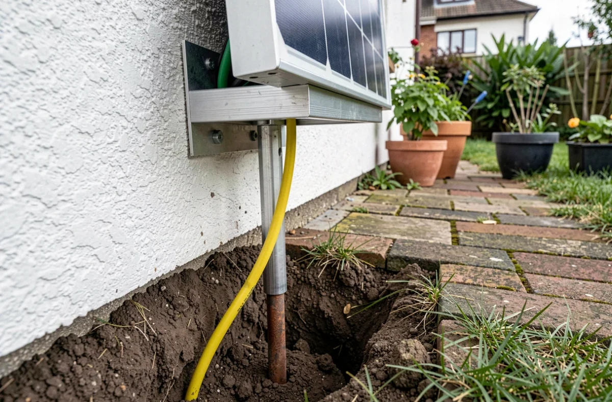 Câble de mise à la terre reliant un panneau solaire plug and play à une tige de terre en cuivre dans un jardin