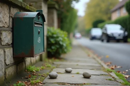 Cailloux disposés en triangle devant une boîte aux lettres en métal vert dans un jardin de maison individuelle, signe de repérage de cambriolage
