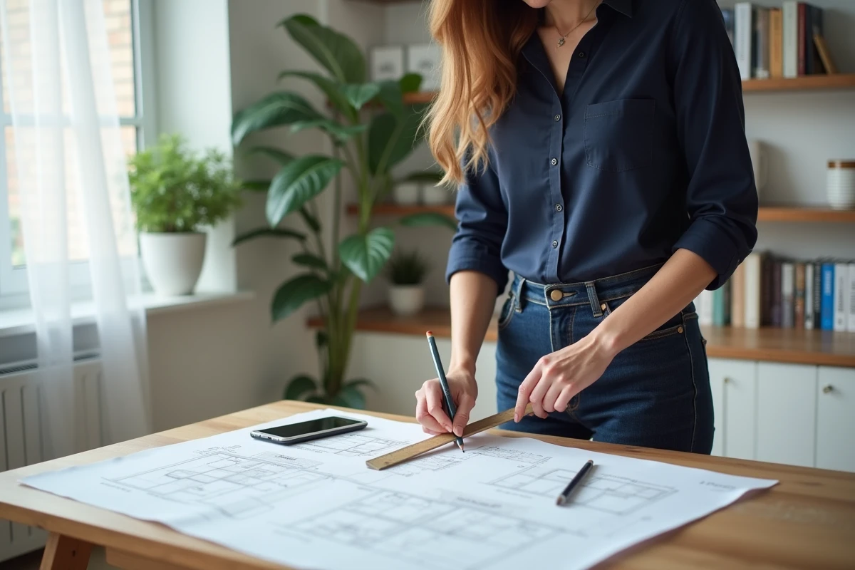Femme calculant des surfaces de pièces avec une règle et des plans architecturaux sur une table en bois