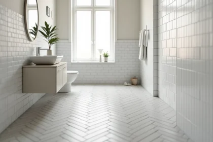 Carrelage en chevron blanc et gris clair dans une petite salle de bains pour un effet visuel allongeant