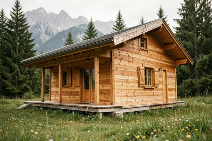 Chalet en bois habitable de 80m2 livré monté avec bardage en sapin douglas dans un cadre alpin verdoyant