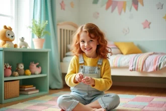 Petite fille arrangeant des décorations sur une étagère dans une chambre d'enfant personnalisée avec des accessoires colorés Centrakor