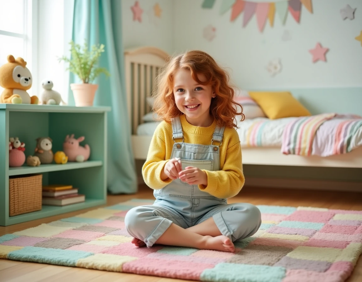 Petite fille arrangeant des décorations sur une étagère dans une chambre d'enfant personnalisée avec des accessoires colorés Centrakor