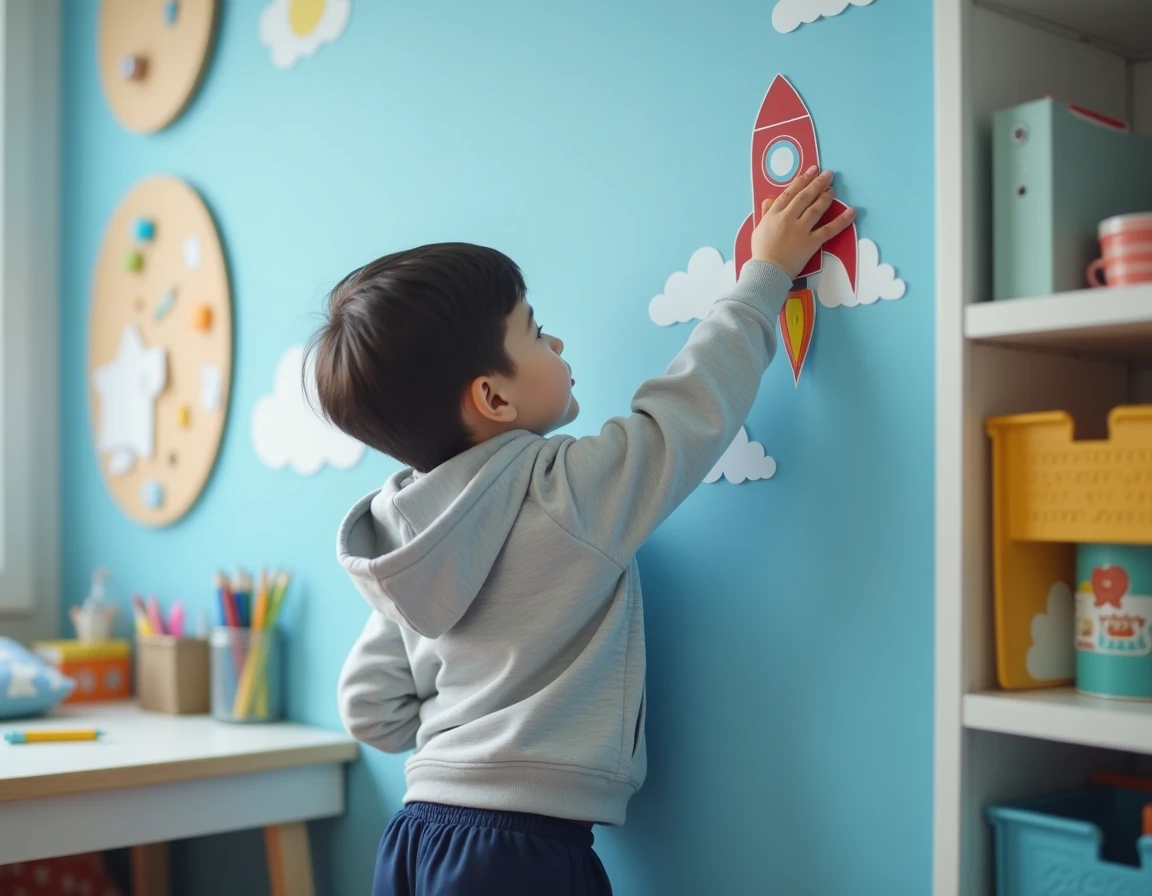 Garçon appliquant un sticker mural fusée dans une chambre d'enfant décorée avec des nouveautés Centrakor