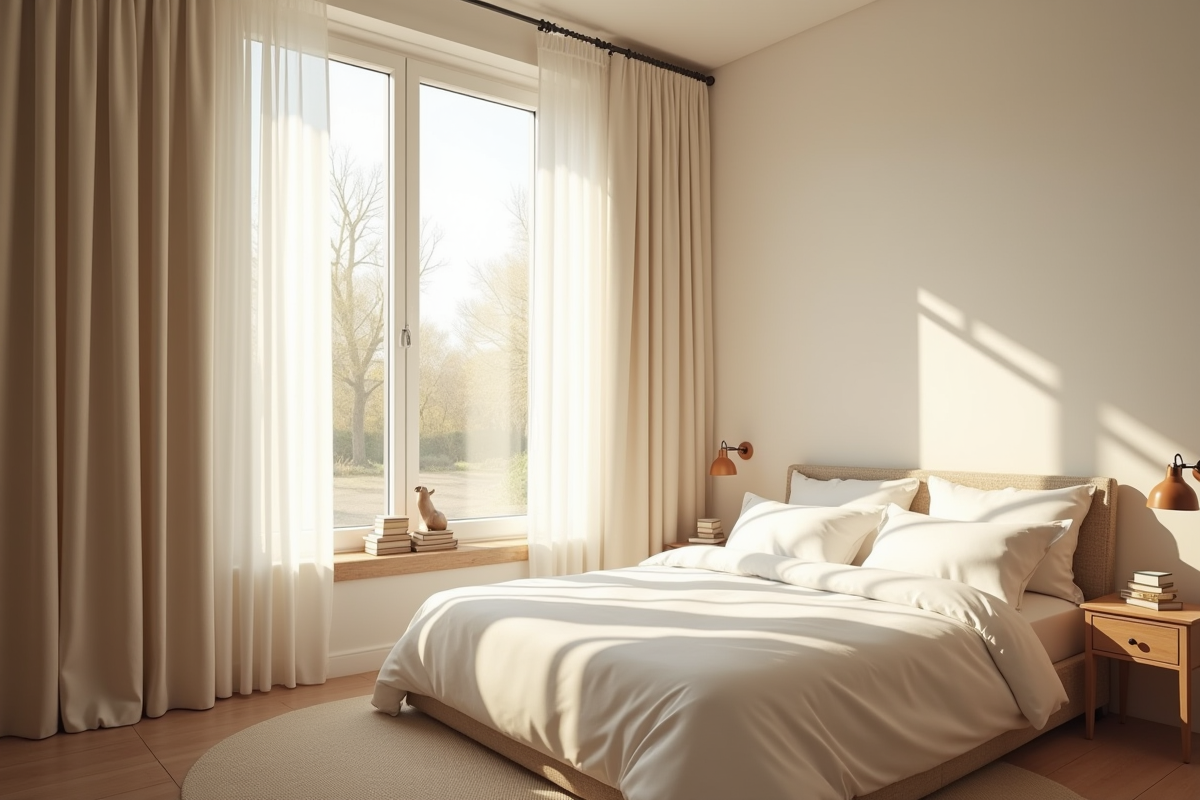 Chambre ensoleillée avec rideaux ouverts et lit blanc