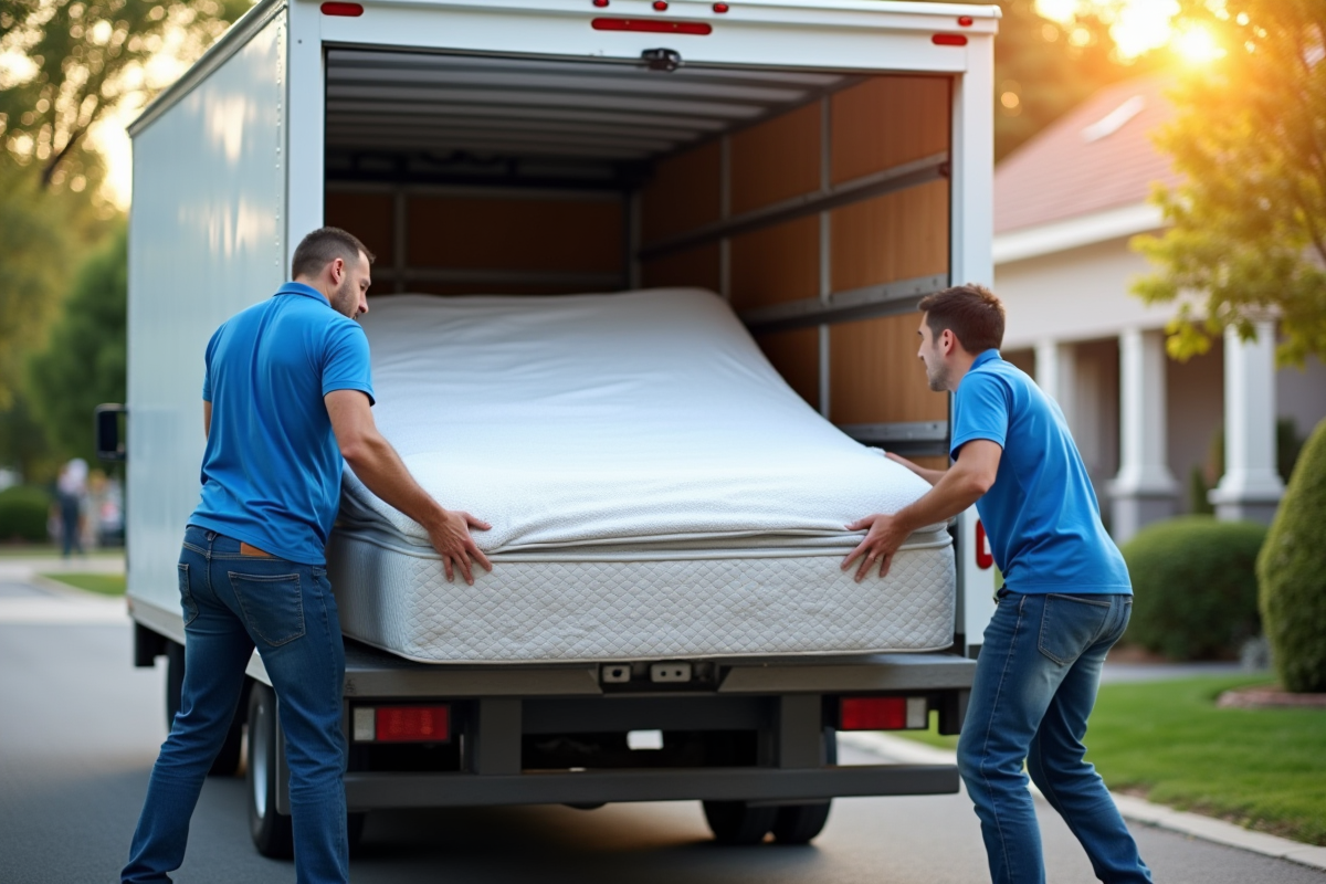 Chargement d un matelas dans un camion de déménagement par deux déménageurs