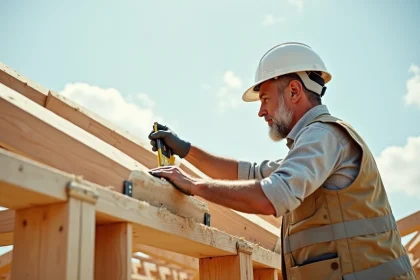 Charpentier mesurant les poutres en bois d'une toiture de maison neuve sur un chantier de construction résidentiel