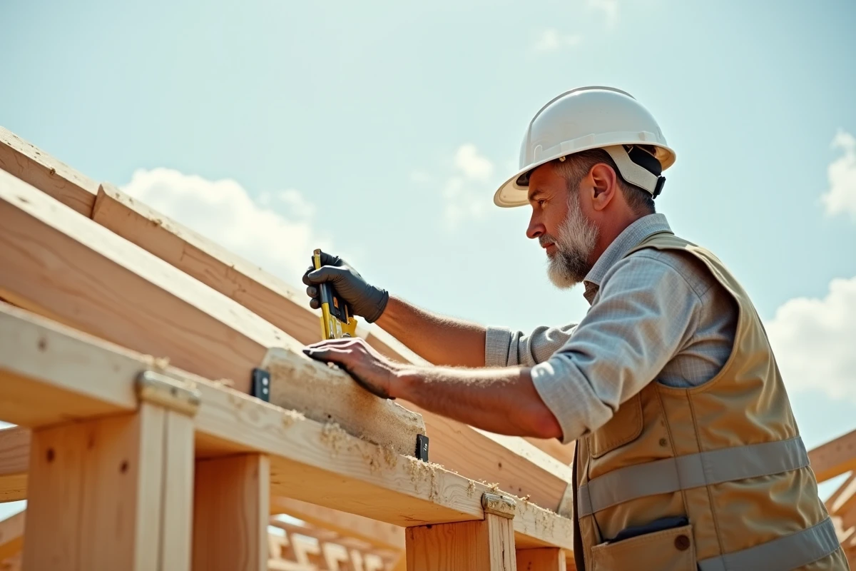 Charpentier mesurant les poutres en bois d'une toiture de maison neuve sur un chantier de construction résidentiel