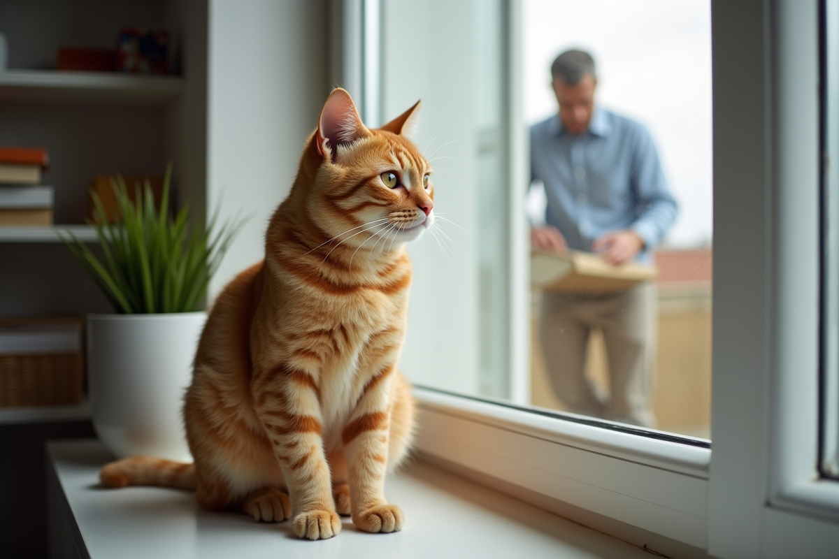 Chat orange assis sur une fenêtre regardant dehors
