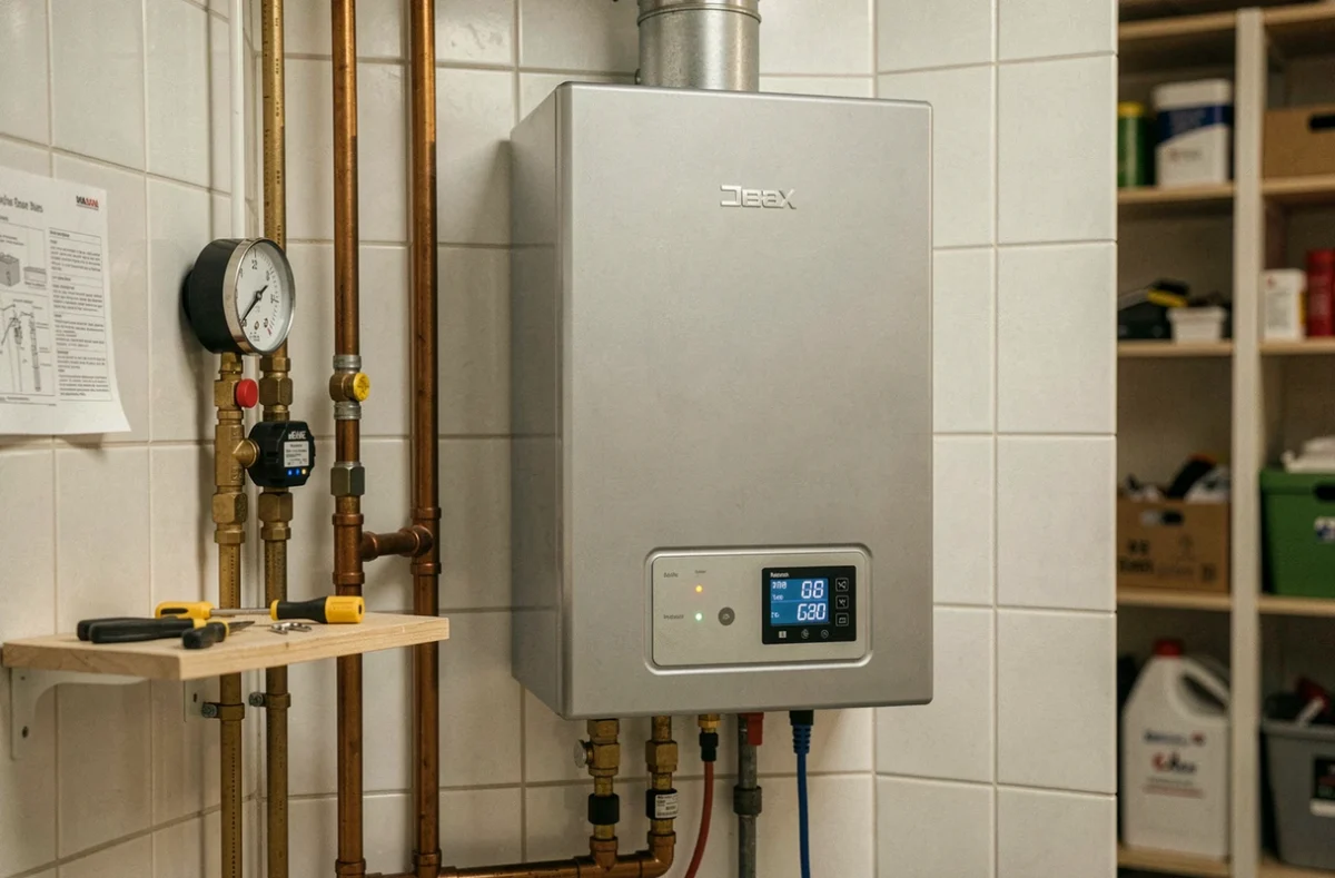 Chaudière à condensation fixée au mur d'une buanderie avec tuyaux et panneau de commande numérique